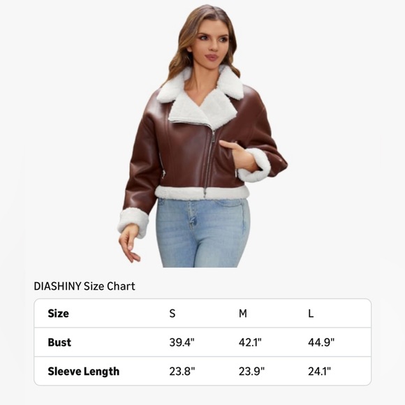 DIASHINY Faux Shearling Leather Jacket Brown Sherpa Moto Cropped Medium New - Picture 4 of 6
